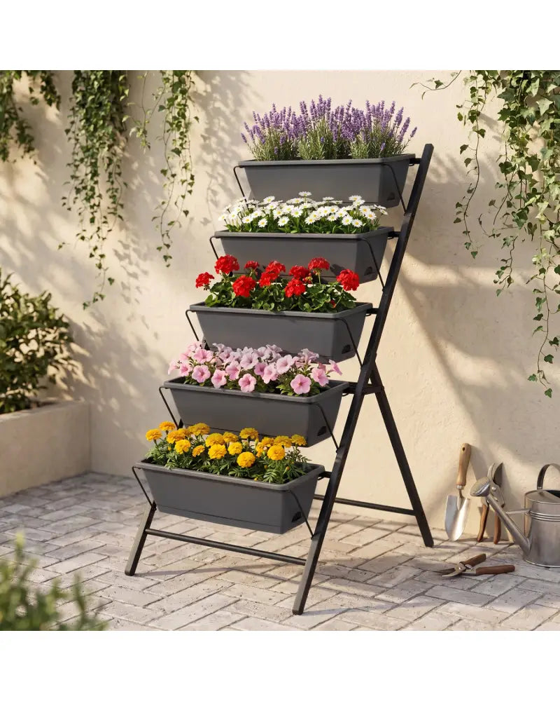 5-Tier Vertical Raised Garden Bed with Drainage System and Removable Trays for Vegetables-Black - Black - Raised Garden
