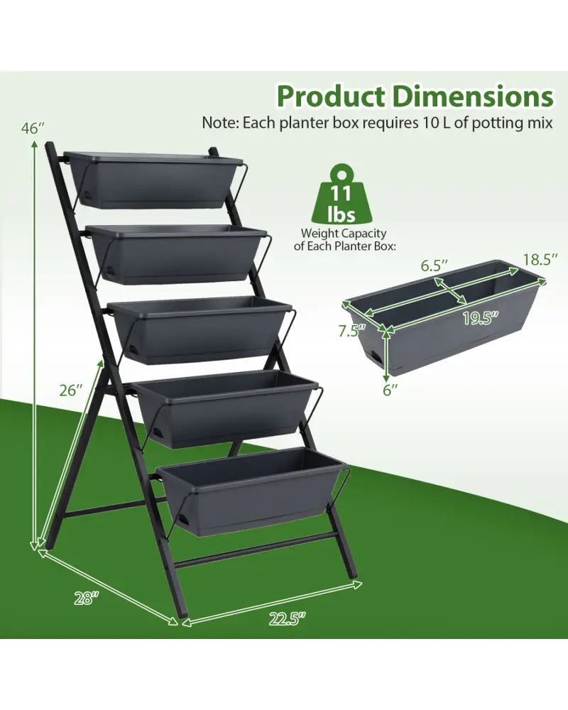 5-Tier Vertical Raised Garden Bed with Drainage System and Removable Trays for Vegetables-Black - Black - Raised Garden