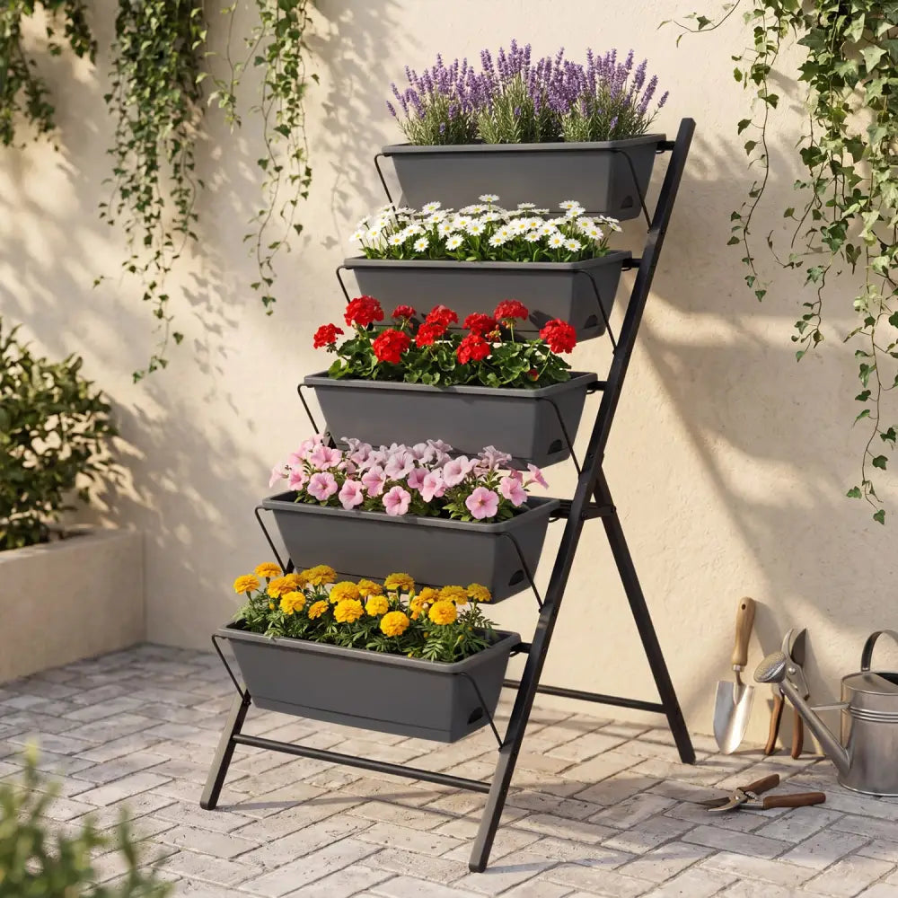 5-Tier Vertical Raised Garden Bed with Drainage System and Removable Trays for Vegetables-Black - Black - Raised Garden