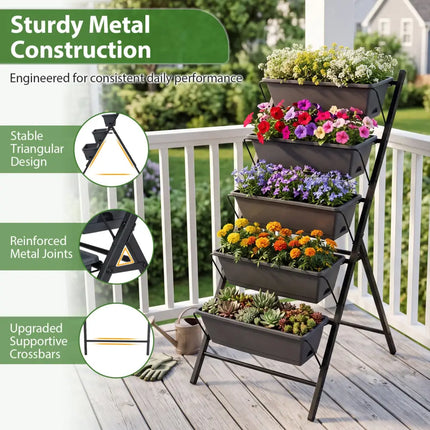 5-Tier Vertical Raised Garden Bed with Drainage System and Removable Trays for Vegetables-Black - Black - Raised Garden