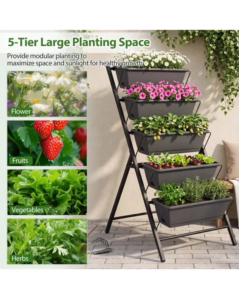 5-Tier Vertical Raised Garden Bed with Drainage System and Removable Trays for Vegetables-Black - Black - Raised Garden