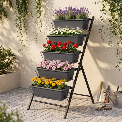 5-Tier Vertical Raised Garden Bed with Drainage System and Removable Trays for Vegetables-Black - Black - Raised Garden