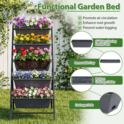 5-Tier Vertical Raised Garden Bed with Drainage System and Removable Trays for Vegetables-Black - Black - Raised Garden