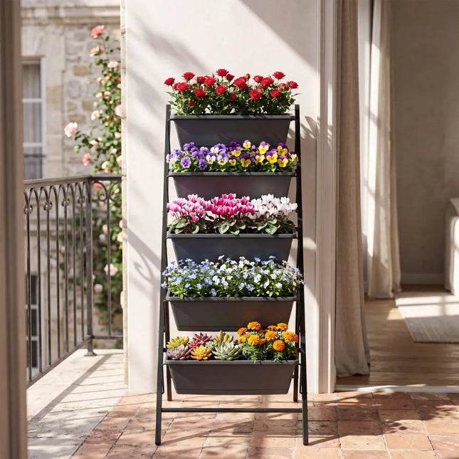 5-Tier Vertical Raised Garden Bed with Drainage System and Removable Trays for Vegetables-Black - Black - Raised Garden
