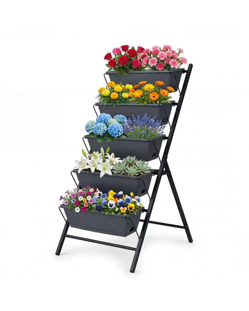 5-Tier Vertical Raised Garden Bed with Drainage System and Removable Trays for Vegetables-Black - Black - Raised Garden