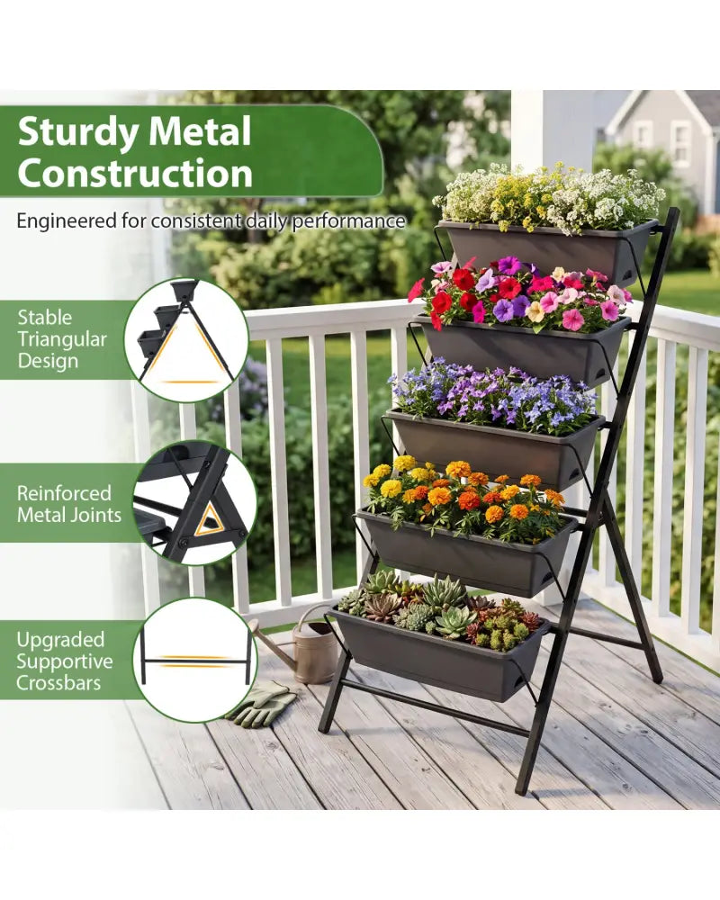 5-Tier Vertical Raised Garden Bed with Drainage System and Removable Trays for Vegetables-Black - Black - Raised Garden