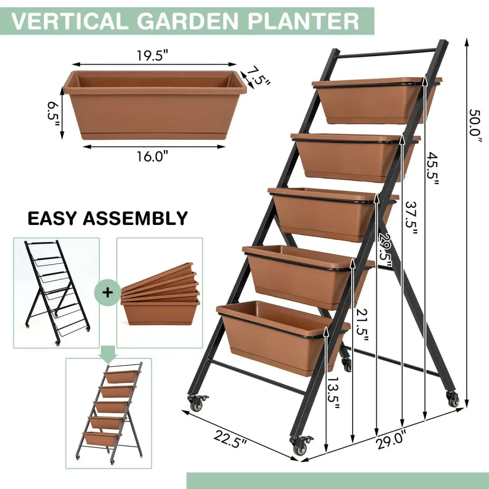 5-Tier Vertical Raised Garden Bed with Wheels and Container Boxes-Brown - Brown - Raised Garden Beds