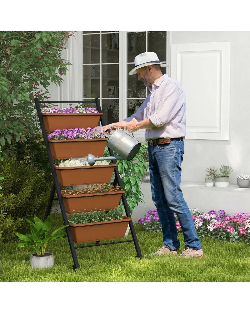 5-Tier Vertical Raised Garden Bed with Wheels and Container Boxes-Brown - Brown - Raised Garden Beds