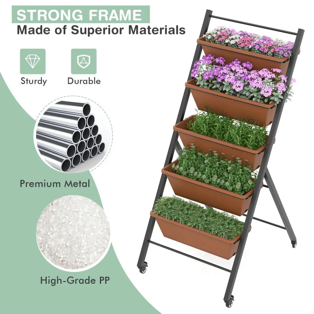5-Tier Vertical Raised Garden Bed with Wheels and Container Boxes-Brown - Brown - Raised Garden Beds