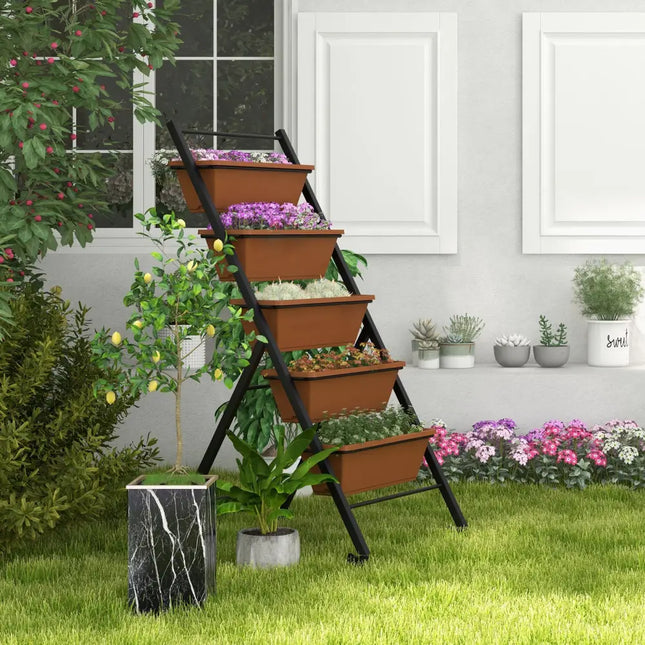 5-Tier Vertical Raised Garden Bed with Wheels and Container Boxes-Brown - Brown - Raised Garden Beds