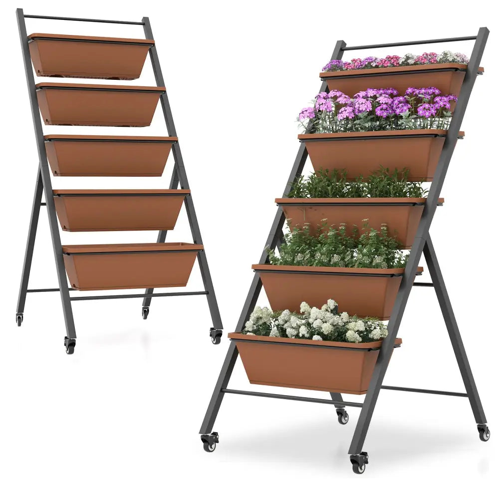 5-Tier Vertical Raised Garden Bed with Wheels and Container Boxes-Brown - Brown - Raised Garden Beds