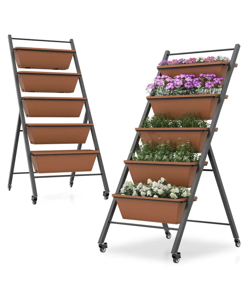5-Tier Vertical Raised Garden Bed with Wheels and Container Boxes-Brown - Brown - Raised Garden Beds