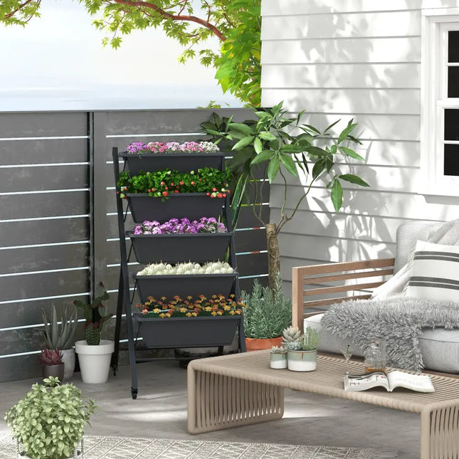 5-Tier Vertical Raised Garden Bed with Wheels and Container Boxes - Black - Raised Garden Beds