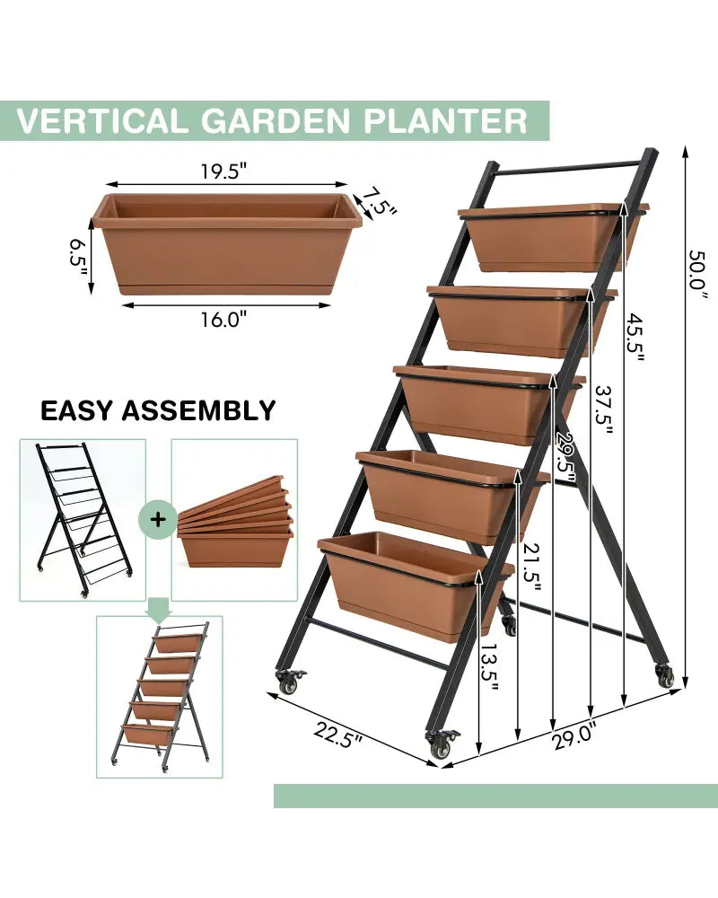 5-Tier Vertical Raised Garden Bed with Wheels and Container Boxes-Brown - Brown - Raised Garden Beds