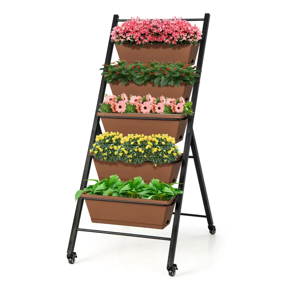 5-Tier Vertical Raised Garden Bed with Wheels and Container Boxes-Brown - Brown - Raised Garden Beds