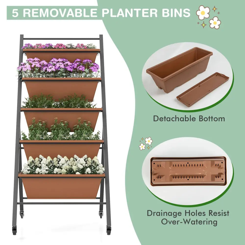 5-Tier Vertical Raised Garden Bed with Wheels and Container Boxes-Brown - Brown - Raised Garden Beds