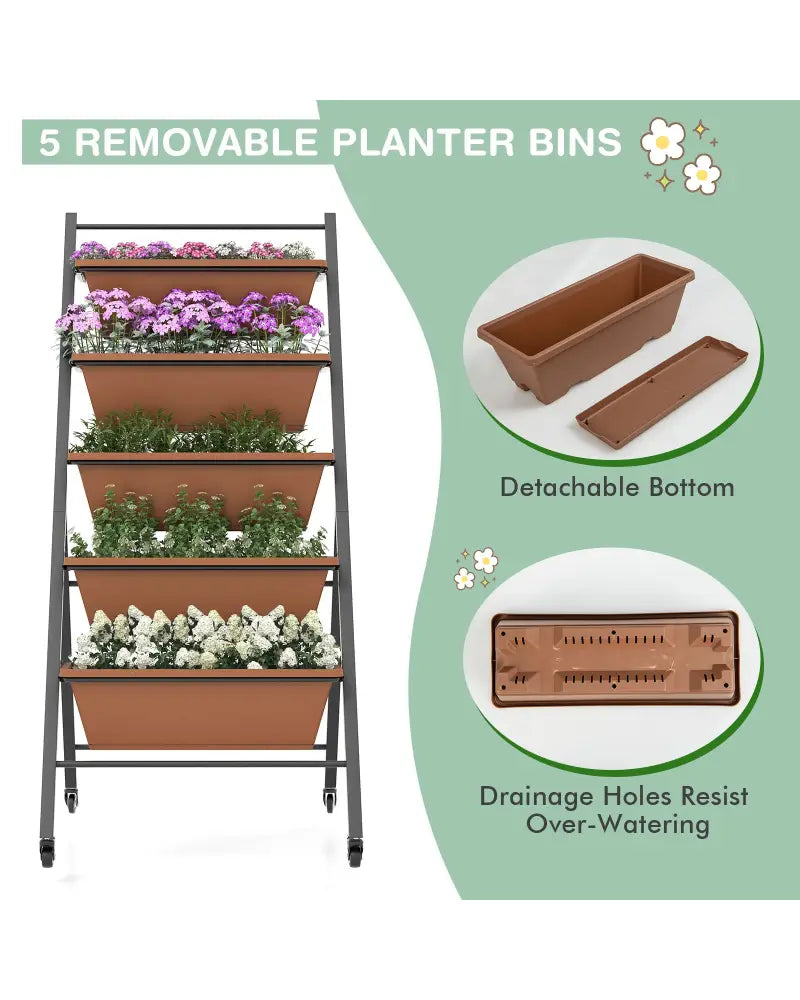 5-Tier Vertical Raised Garden Bed with Wheels and Container Boxes-Brown - Brown - Raised Garden Beds