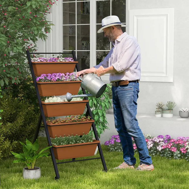 5-Tier Vertical Raised Garden Bed with Wheels and Container Boxes-Brown - Brown - Raised Garden Beds
