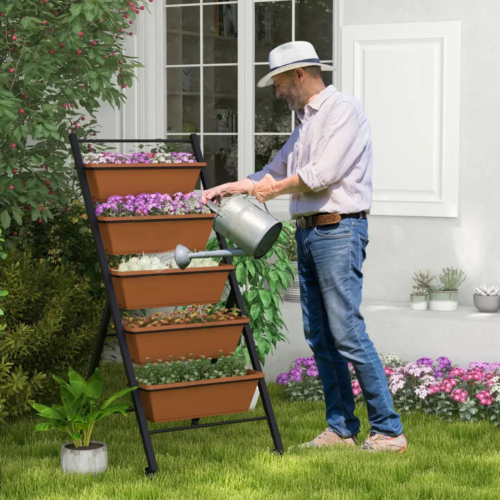 5-Tier Vertical Raised Garden Bed with Wheels and Container Boxes-Brown - Brown - Raised Garden Beds