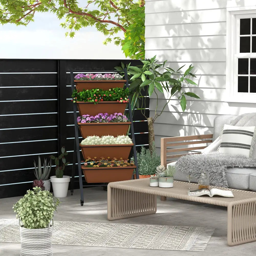 5-Tier Vertical Raised Garden Bed with Wheels and Container Boxes-Brown - Brown - Raised Garden Beds