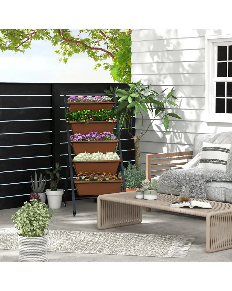 5-Tier Vertical Raised Garden Bed with Wheels and Container Boxes-Brown - Brown - Raised Garden Beds