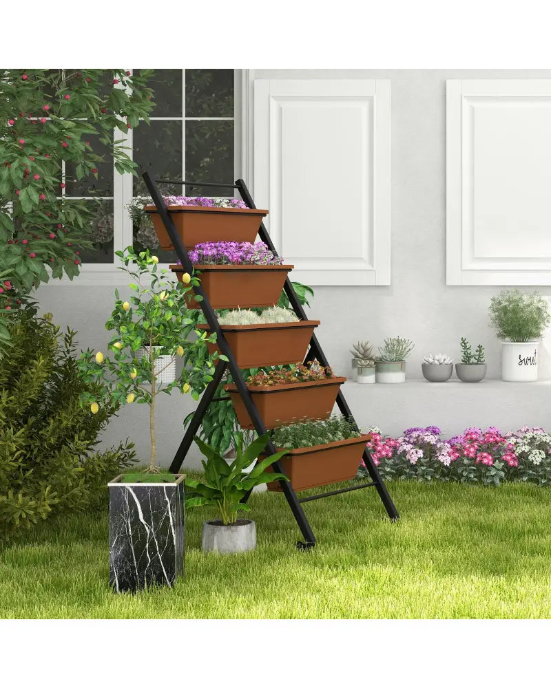 5-Tier Vertical Raised Garden Bed with Wheels and Container Boxes-Brown - Brown - Raised Garden Beds