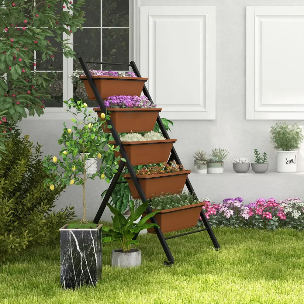 5-Tier Vertical Raised Garden Bed with Wheels and Container Boxes-Brown - Brown - Raised Garden Beds
