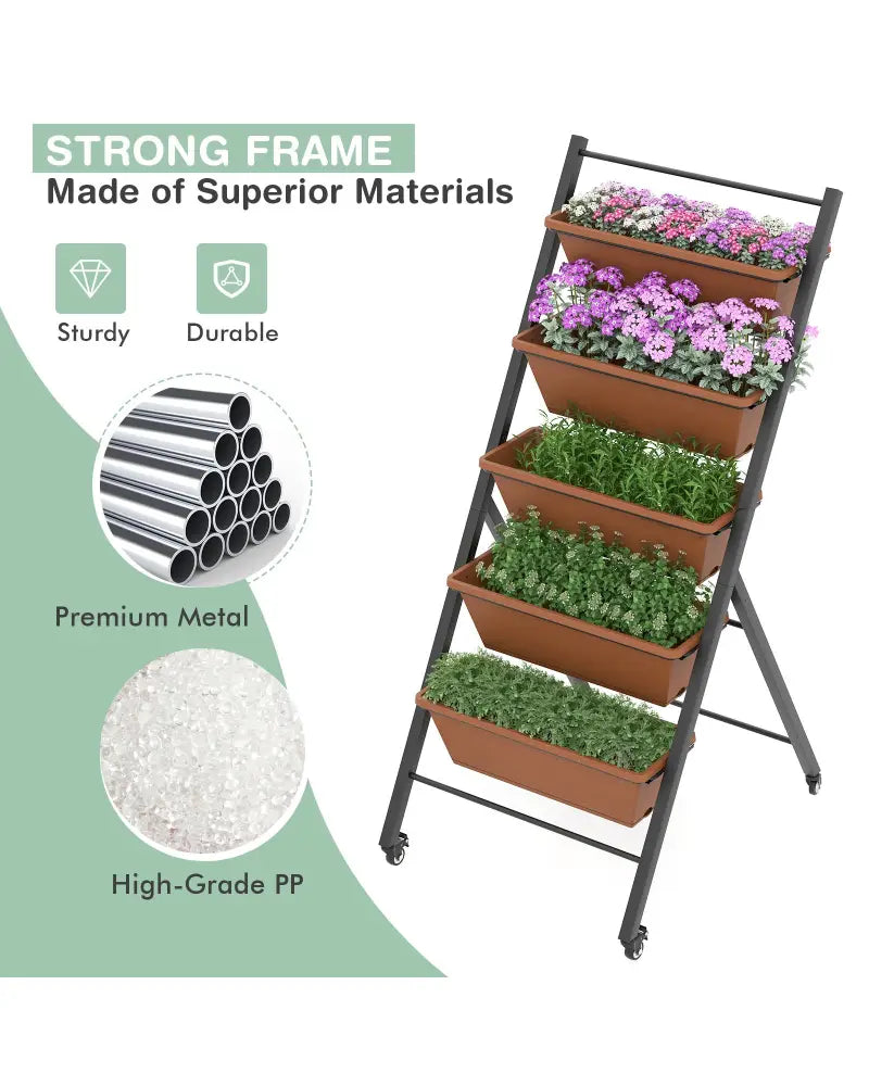 5-Tier Vertical Raised Garden Bed with Wheels and Container Boxes-Brown - Brown - Raised Garden Beds