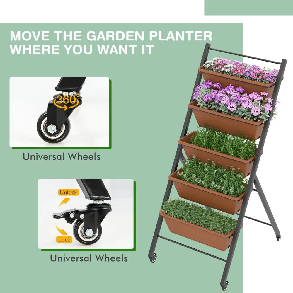 5-Tier Vertical Raised Garden Bed with Wheels and Container Boxes-Brown - Brown - Raised Garden Beds