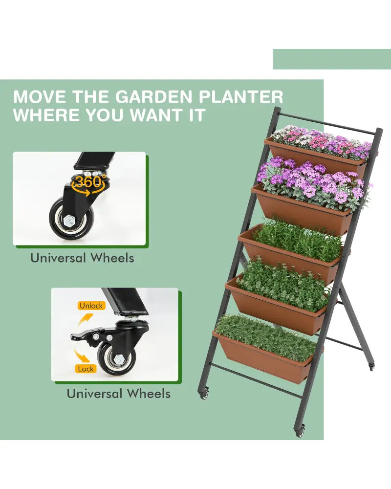 5-Tier Vertical Raised Garden Bed with Wheels and Container Boxes-Brown - Brown - Raised Garden Beds
