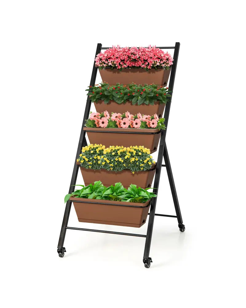 5-Tier Vertical Raised Garden Bed with Wheels and Container Boxes-Brown - Brown - Raised Garden Beds