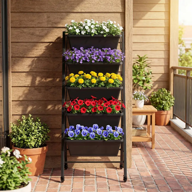 5-Tier Vertical Raised Garden Bed with Wheels for Backyard - Black - Raised Garden Beds
