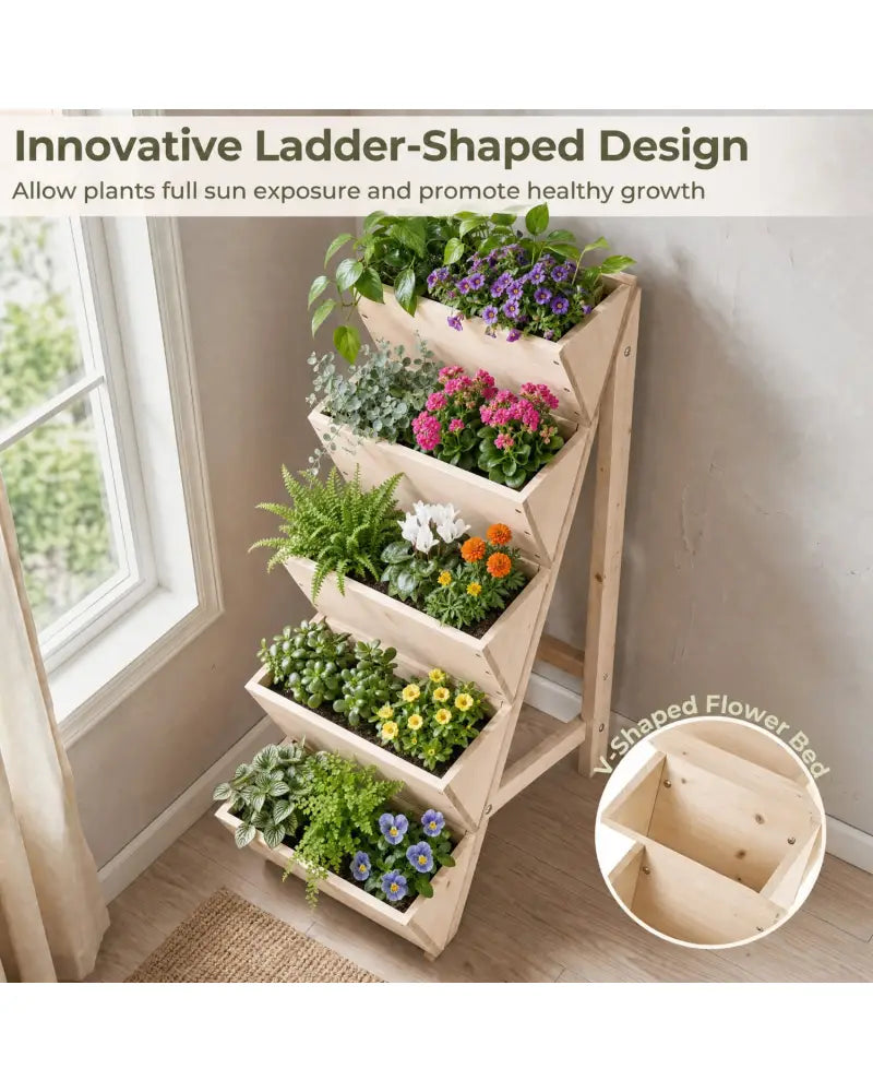 5-tier Vertical Raised Garden Bed Wood Elevated Planter Box with Legs-Natural - Natural - Raised Garden Beds