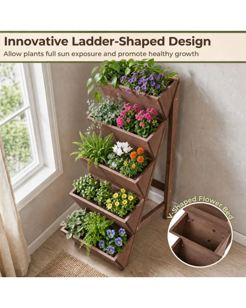 5-tier Vertical Raised Garden Bed Wood Elevated Planter Box with Legs-Brown - Brown - Raised Garden Beds