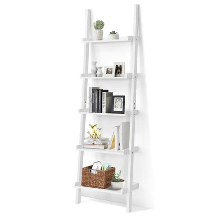 5-Tier Wall-leaning Ladder Shelf Display Rack for Plants and Books-White - White - Bookcases