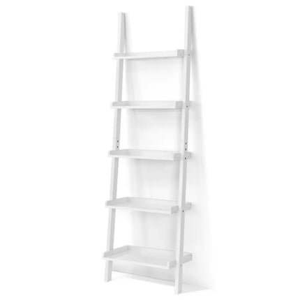 5-Tier Wall-leaning Ladder Shelf Display Rack for Plants and Books-White - White - Bookcases