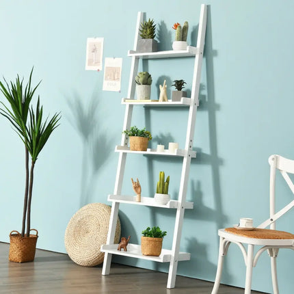 5-Tier Wall-leaning Ladder Shelf Display Rack for Plants and Books-White - White - Bookcases