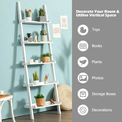 5-Tier Wall-leaning Ladder Shelf Display Rack for Plants and Books-White - White - Bookcases