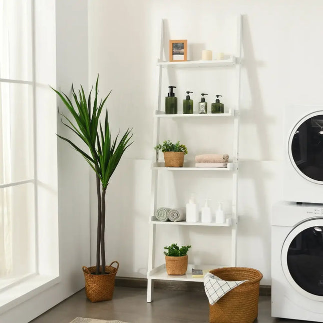 5-Tier Wall-leaning Ladder Shelf Display Rack for Plants and Books-White - White - Bookcases