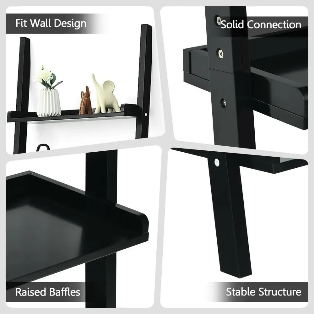 5-Tier Wall-leaning Ladder Shelf Display Rack for Plants and Books-Black - Black - Bookcases