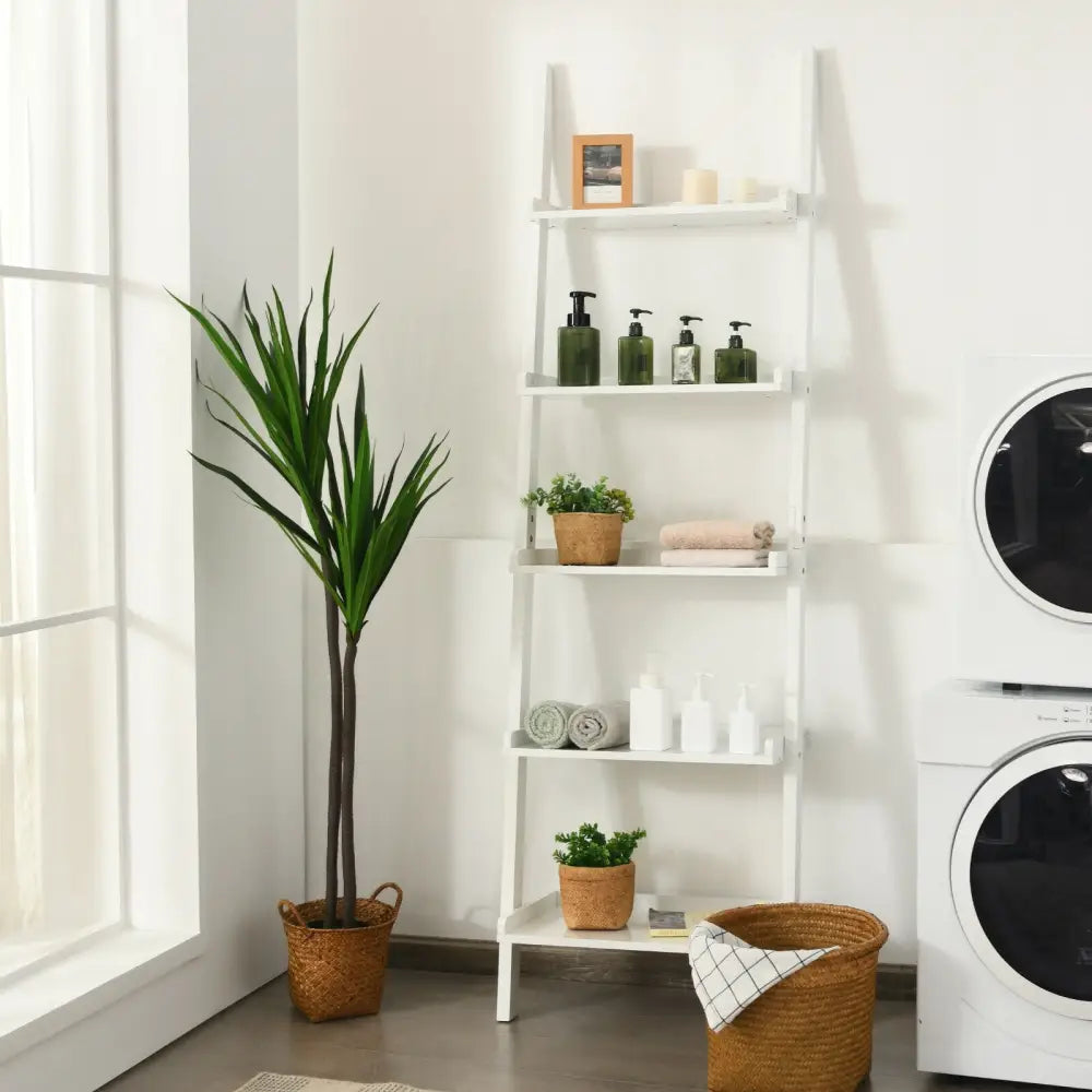 5-Tier Wall-leaning Ladder Shelf Display Rack for Plants and Books-White - White - Bookcases