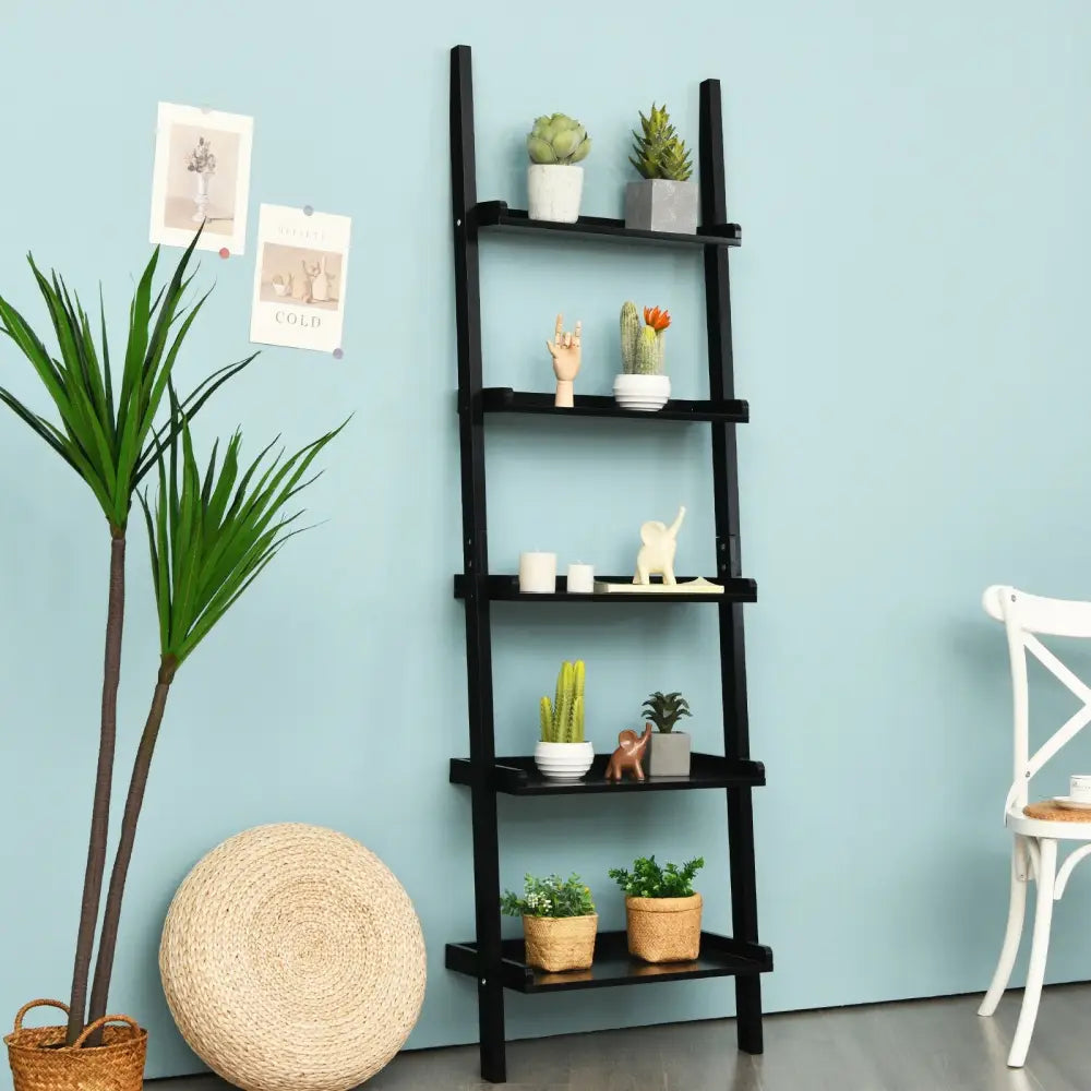 5-Tier Wall-leaning Ladder Shelf Display Rack for Plants and Books-Black - Black - Bookcases