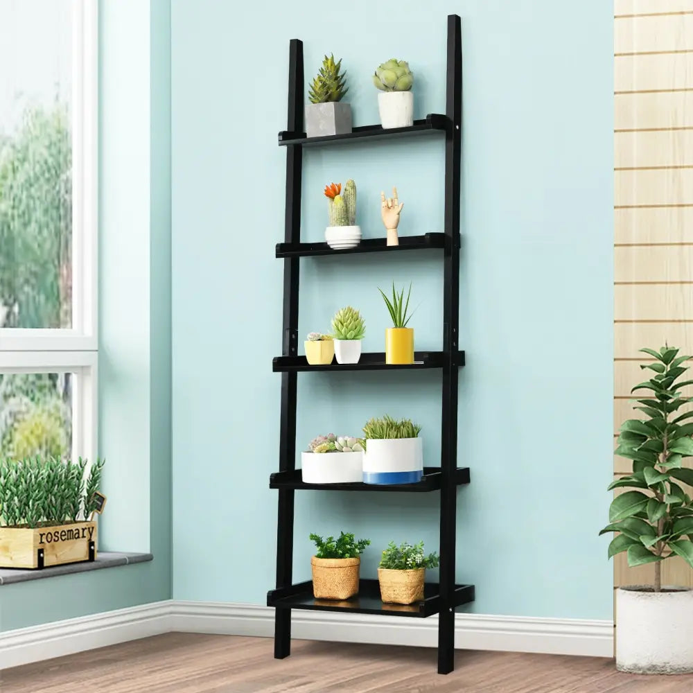 5-Tier Wall-leaning Ladder Shelf Display Rack for Plants and Books-Black - Black - Bookcases