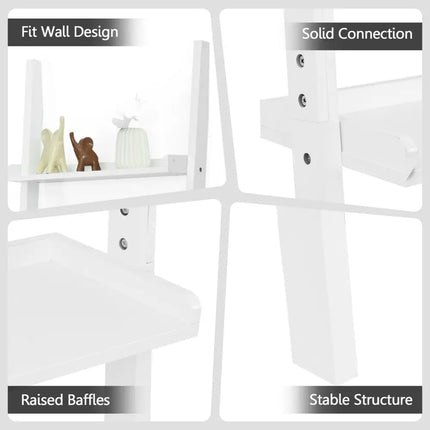 5-Tier Wall-leaning Ladder Shelf Display Rack for Plants and Books-White - White - Bookcases