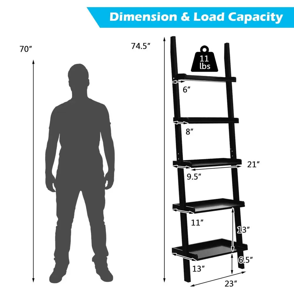 5-Tier Wall-leaning Ladder Shelf Display Rack for Plants and Books-Black - Black - Bookcases