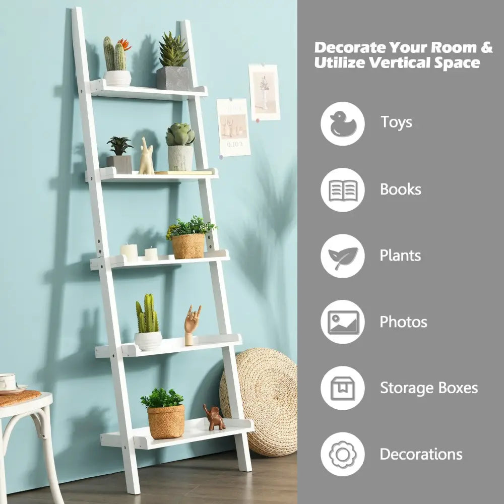 5-Tier Wall-leaning Ladder Shelf Display Rack for Plants and Books-White - White - Bookcases