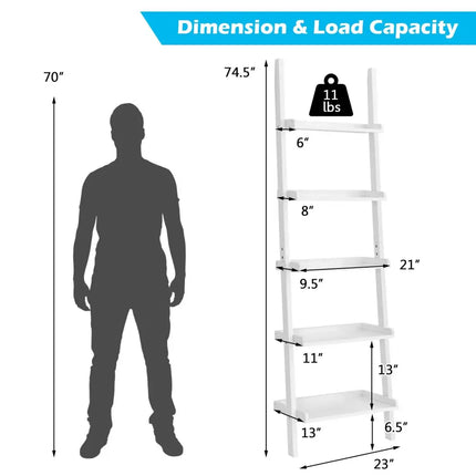 5-Tier Wall-leaning Ladder Shelf Display Rack for Plants and Books-White - White - Bookcases