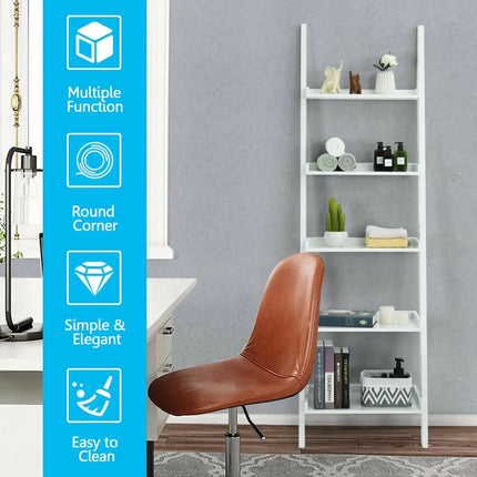 5-Tier Wall-leaning Ladder Shelf Display Rack for Plants and Books-White - White - Bookcases