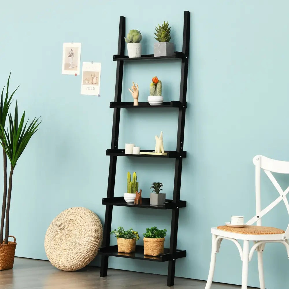 5-Tier Wall-leaning Ladder Shelf Display Rack for Plants and Books-Black - Black - Bookcases
