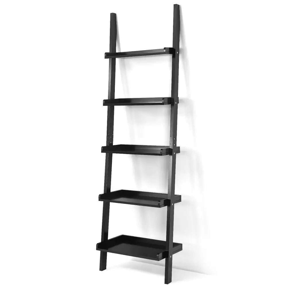 5-Tier Wall-leaning Ladder Shelf Display Rack for Plants and Books-Black - Black - Bookcases